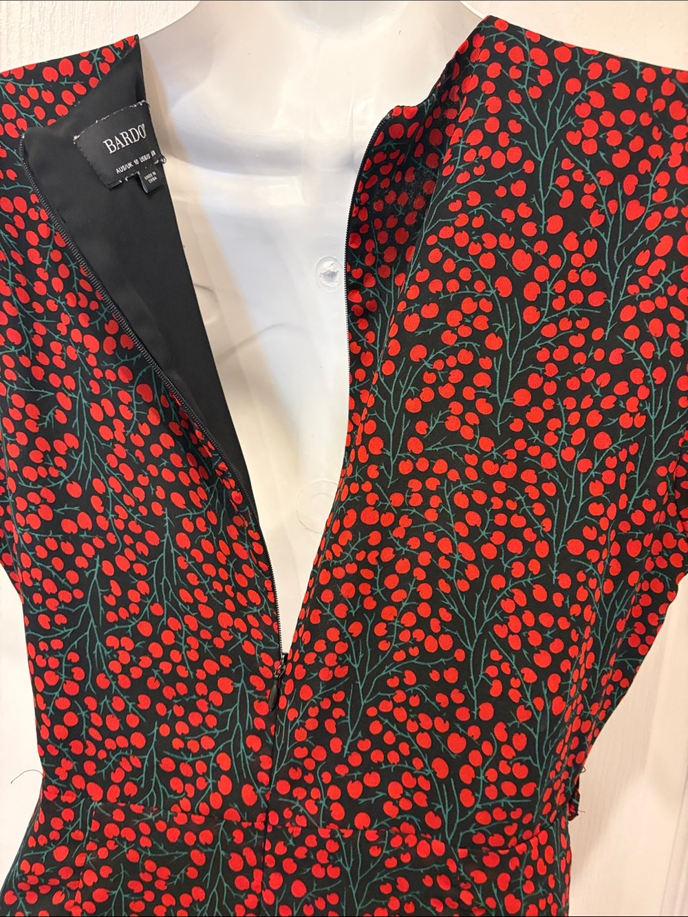 Bardot Black Red Cherry Print Faux Wrap Ruffle Mini Dress 6 - Picture 6 of 8